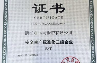 浙江矫马同步带有限公司荣获安全生产标准化三级企业认证